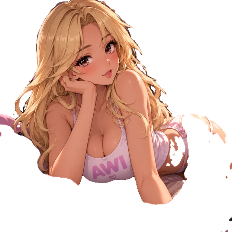 AWI, a blonde anime companion in a white AWI top, leaning on her hand