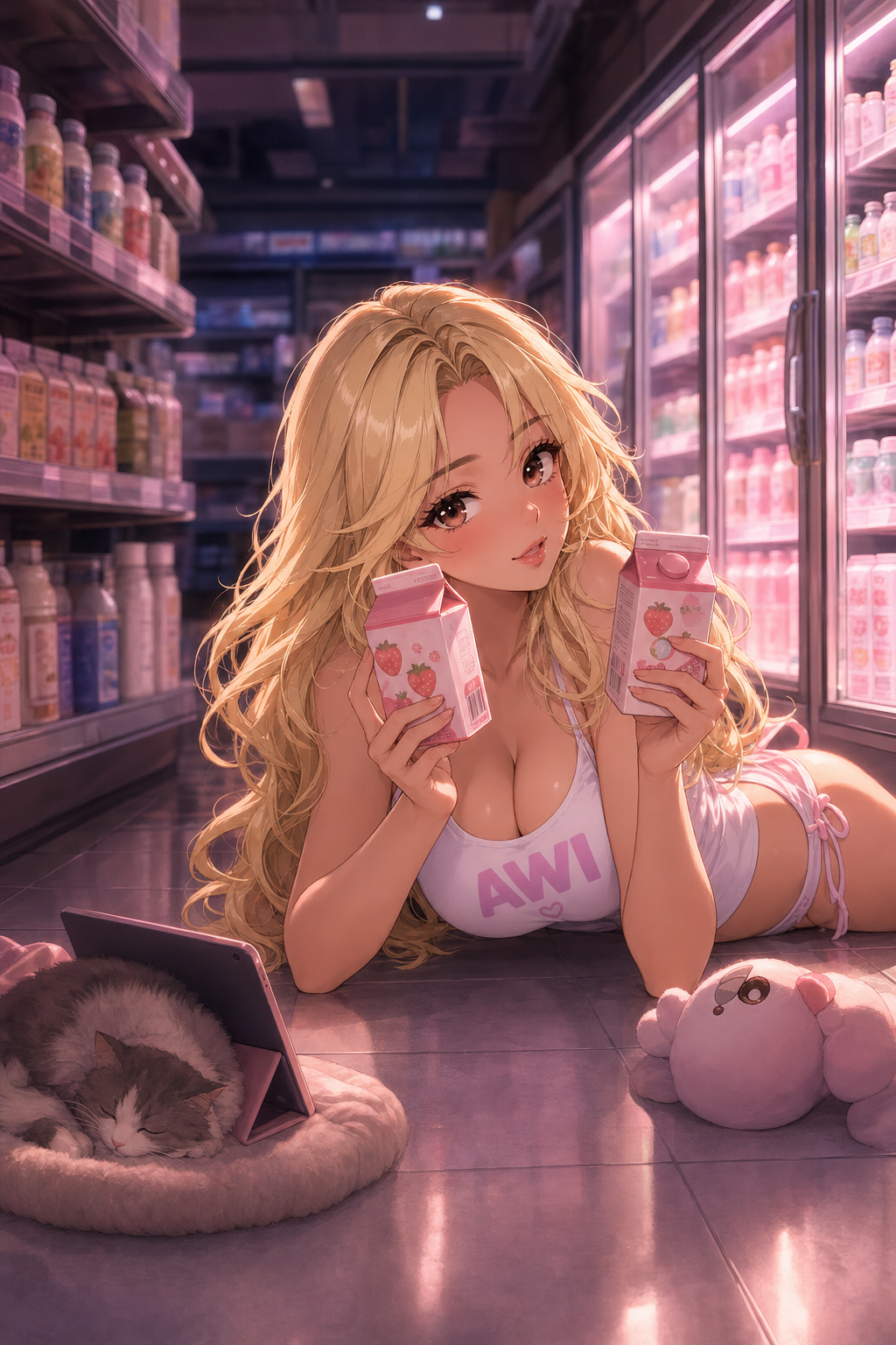 AWI in a store aisle holding up two strawberry milk cartons