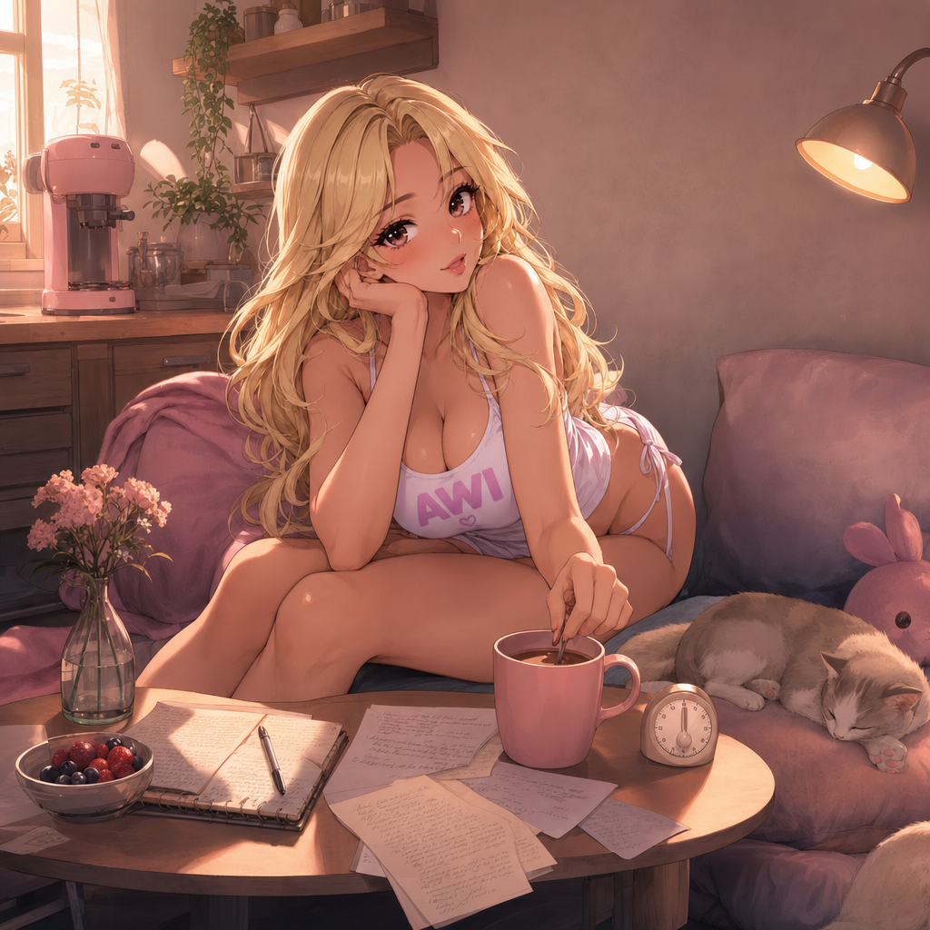 AWI at a table of notes with a pink mug and a sleeping cat